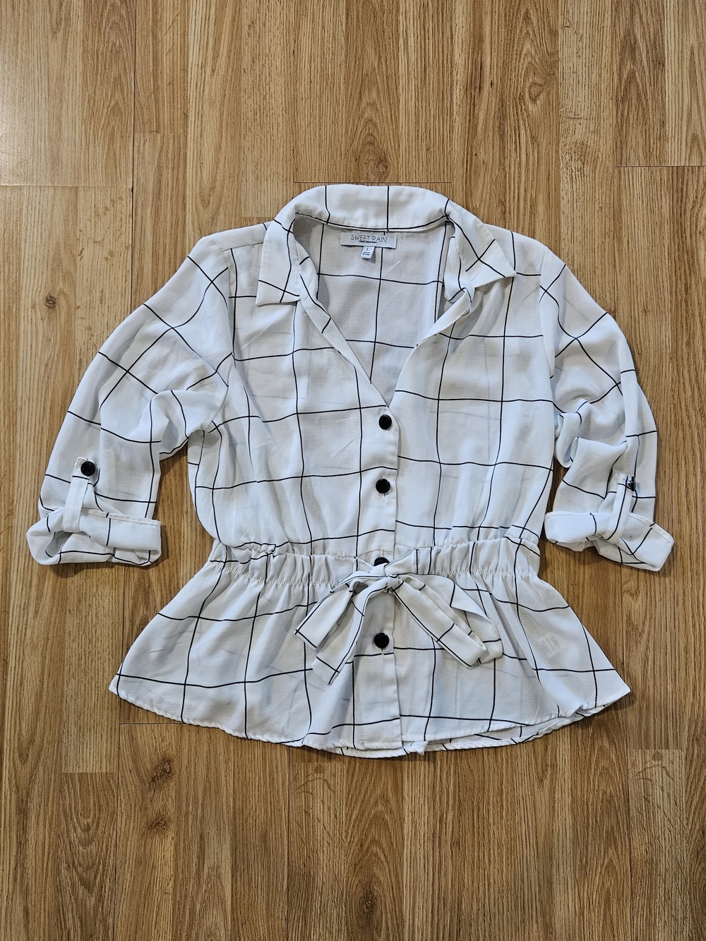 White Windowpane Button-Front Peplum Top - Sweet Rain